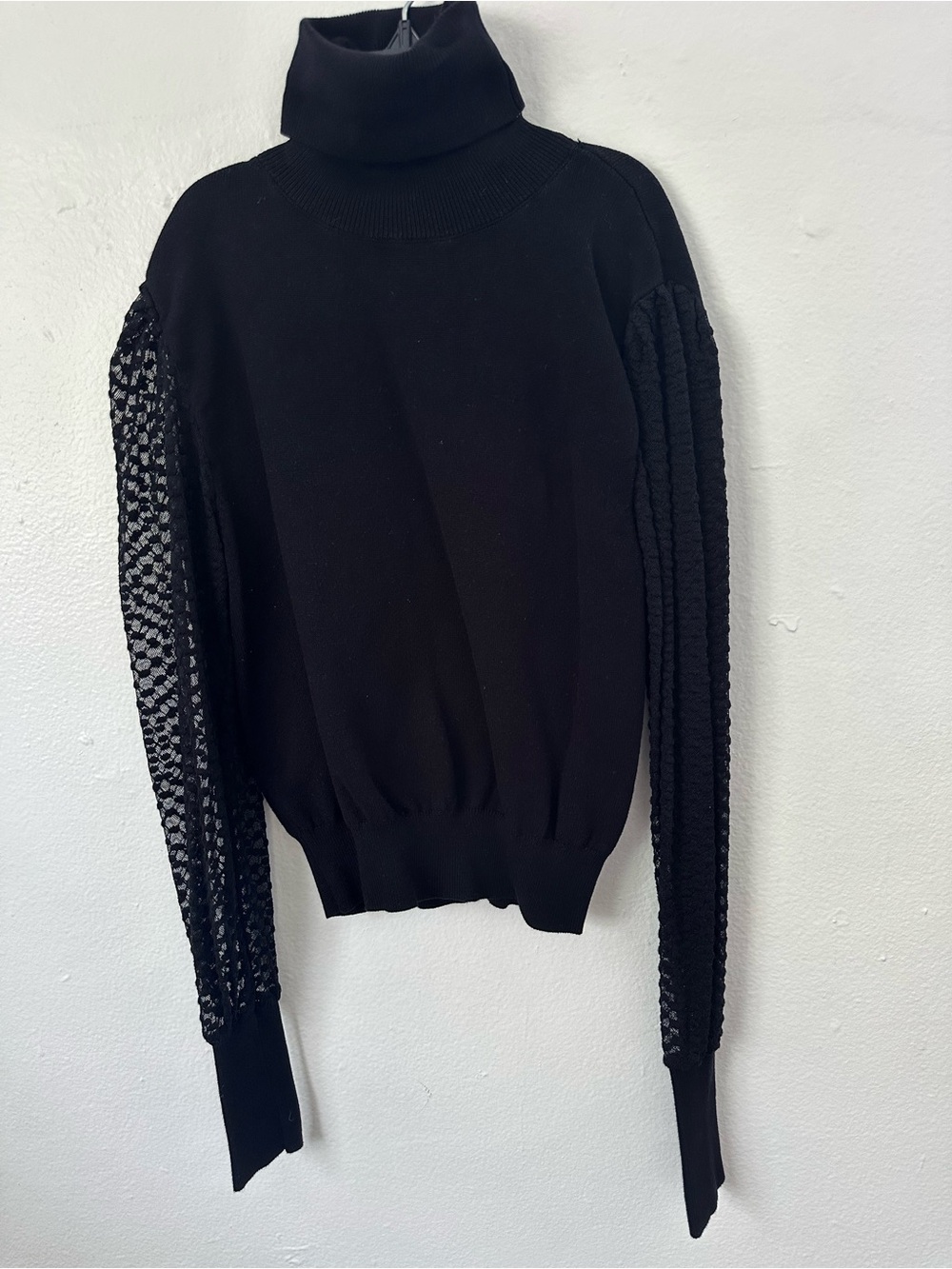Zara Black Turtleneck Sweater with Sheer Lace Sleeves – Size M